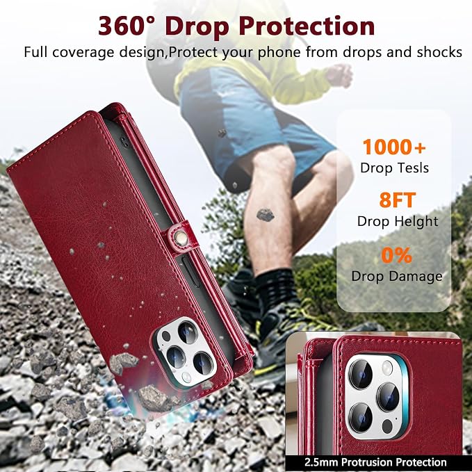 Wallet Case for iPhone 13 Pro with Card Holder/Crossbody Wallet/Strap| RFID Blocking | Magnetic | Kickstand | Detachable | PU Leather Phone Case for iPhone 13 Pro,6.1 in,Wine Red