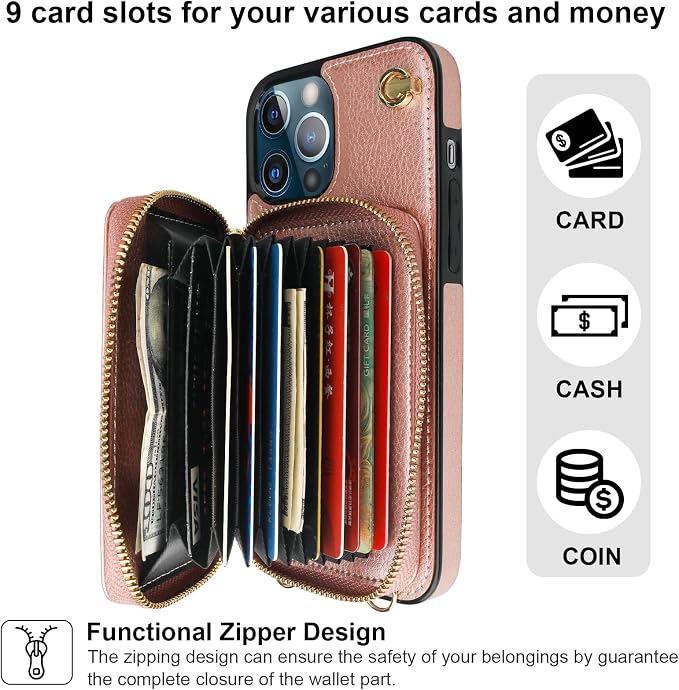 Bocasal Crossbody Wallet Case for iPhone 13 Pro Max, RFID Blocking Leather Purse Case with Card Holder, Protective Handbag Flip Cover with Zipper Wrist Strap Lanyard for Women 5G 6.7 Inch (Rose Gold)