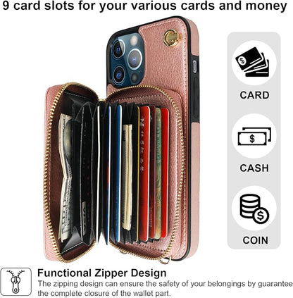 Bocasal Crossbody Wallet Case for iPhone 13 Pro Max, RFID Blocking Leather Purse Case with Card Holder, Protective Handbag Flip Cover with Zipper Wrist Strap Lanyard for Women 5G 6.7 Inch (Rose Gold)