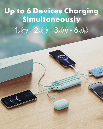 charmast 10000mAh Portable Charger,Built-in 4 Cables,6 Outputs/3 Inputs,3A Fast Charging,Compatible with iPhone,iPad,Samsung,Pixel,LG