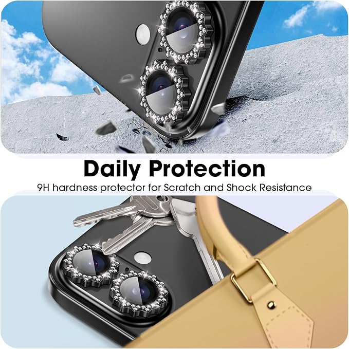 Xfilm for iPhone 16/16 Plus Camera Lens Protector Bling Individual Sun Design Diamond Ring 9H Hardness Scratchproof Protector, Stylish Phone Accessories, Case Friendly (Black)