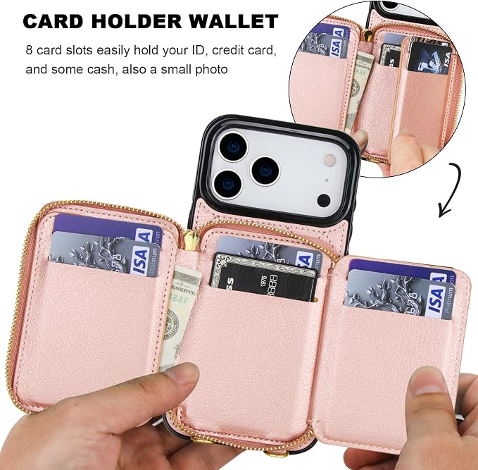 Bocasal Crossbody Wallet Case for iPhone 17 Pro Max, RFID Blocking PU Leather Zipper Handbag Purse Flip Cover, Kickstand Folio Case with Card Slots Holder Wrist Strap Lanyard 5G 6.9 Inch (Rose Gold)