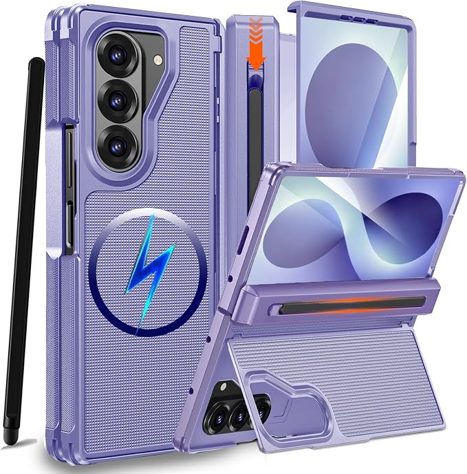 NINKI for Samsung Galaxy Z Fold 8 Ultra Case with S Pen Holder & Stylus & Hidden Kickstand, Magnetic Screen Protector Hinge Phone Cover for Samsung Z Fold 8 Ultra Case with Slim S Pen Slot – Purple