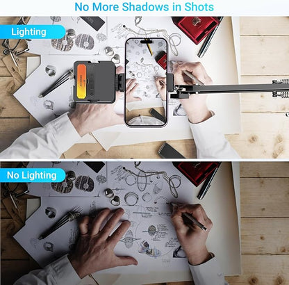 Overhead Phone Mount with Rechargeable Light for iPhone, Desk Tripod with Clamp for Content Creator Camera Recording, Top Down Holder Stand for Filming/Live/Cooking/Unboxing/Drawing/YouTube/TikTok