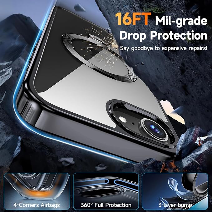 [Tri-Shield Protection] for iPhone 17e/16e Case with 360° Spin Stand Compatible with MagSafe [Magnetic CD Ring] [Screen & Camera Lens Protector] Shockproof Plating Never-Yellowing, Black-6.1"
