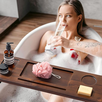 Luxury Teak Bathtub Tray for Freestanding Bath - 39" Large, Thick & Adjustable Spa Caddy | Anti-Tip Design with Accessories Holder | Water-Resistant