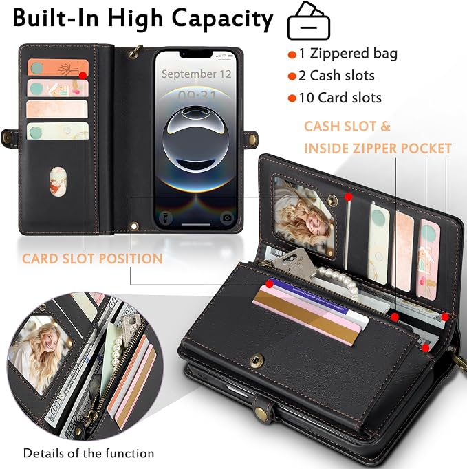 for Wallet Case Compatible with iPhone 16e / 17e ,Multi-Function Detachable 2 in 1 Magnetic iPhone 16e / 17e Case Wallet,Flip Strap Zipper Card Holder Phone Case with Shoulder Straps (Black)