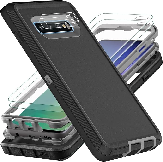 for Samsung Galaxy S10 Plus Case, with 2Pcs [Self Healing Flexible TPU Screen Protector & Camera Lens Protector] Military Grade 3 in 1 Heavy Duty Case for Galaxy S10 Plus (Black/Grey)