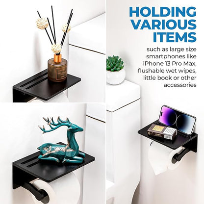 Toilet Paper Holder with Shelf, Black Anti-Rust Aluminum Tissue Roll Holder with Mobile Phone Storage Shelf for Bathroom, 3M Self Adhesive No Drilling or Wall Mounted with Screws