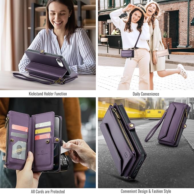 Strapurs Crossbody Wallet Case Compatible with iPhone 17e / iPhone 16e RFID Blocking 7-Card Holder PU Leather Magnetic Snap Shoulder Strap Zipper Pocket Phone Cases for iPhone 17e / 16e - Purple