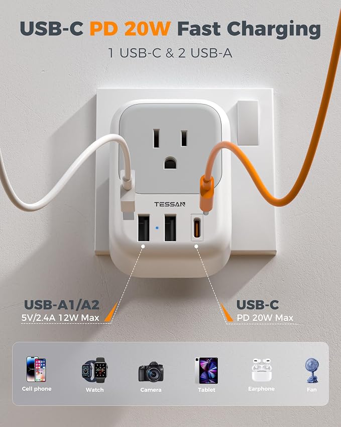 TESSAN Brazil Plug Adapter 2 Pack, 7 in 1 US to Brazil Power Adapter | 3 USB Ports (1 USB-C PD 20W Port) 4 American Outlets, Type N Travel Adaptor for USA to Brazilian