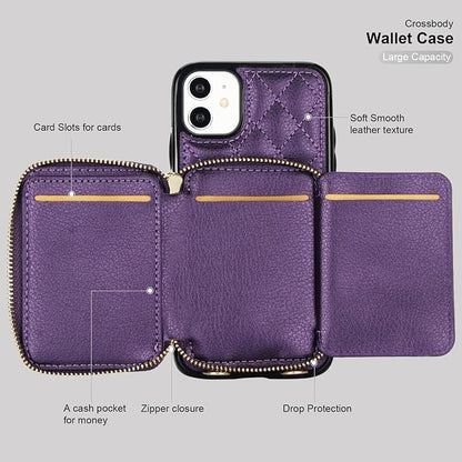 Bocasal Crossbody Wallet Case for iPhone 11, RFID Blocking PU Leather Zipper Handbag Purse Flip Cover, Kickstand Folio Case with Card Slots Holder Wrist Strap Lanyard 6.1 Inch (Dark Purple)