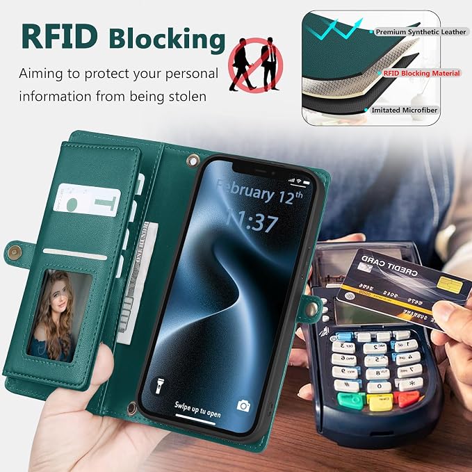Wallet Case for iPhone 12/12 Pro with Card Holder/Crossbody Wallet/Strap| RFID Blocking | Magnetic | Kickstand | Detachable | PU Leather Phone Case for iPhone 12/12 Pro,6.1 in,Green