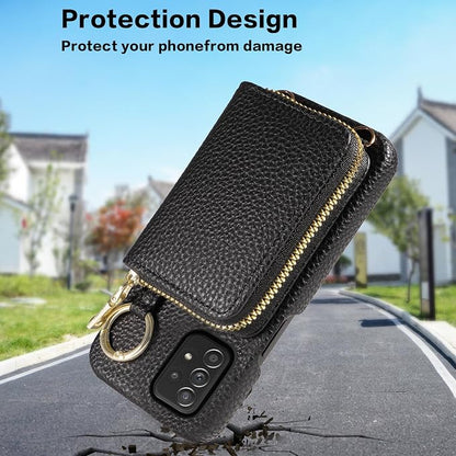 Wallet Case for Samsung Galaxy A52/A52S 5G with Shoulder Strap Ring Buckle, PU Leather Zipper Organ Purse, Credit Card Holder Stand Cell Phone Cover for A 52 S 4G G5 52A S52 52S Women Men Black