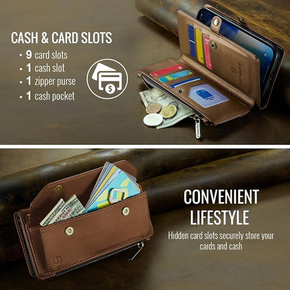 Strapurs Wallet Case Compatible with iPhone 17 Pro 6.3" RFID Blocking 9-Card Holder Soft PU Leather Magnetic Snap Shoulder Strap Zipper Pocket Phone Case Fit for iPhone 17 Pro for Women - Brown