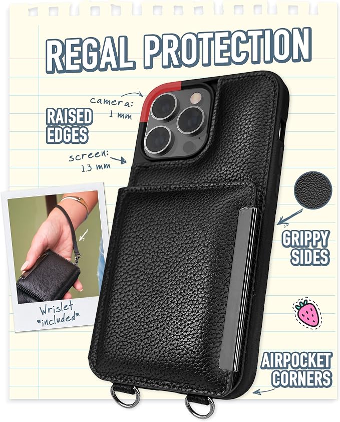 Smartish iPhone 14 Pro Max Crossbody Wallet Case - Dancing Queen [Purse/Clutch with Detachable Strap & Wristlet] Protective Cover with Credit Card Holder - Stiletto Black - Gunmetal