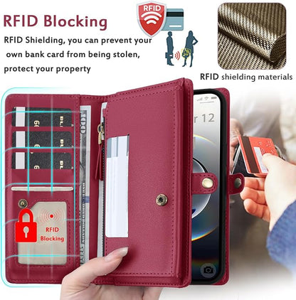 for Wallet Case Compatible with iPhone 16e /17e,Multi-Function Detachable 2 in 1 Magnetic iPhone 16e/17e Case Wallet,Flip Strap Zipper Card Holder Phone Case with Shoulder Straps (Red)
