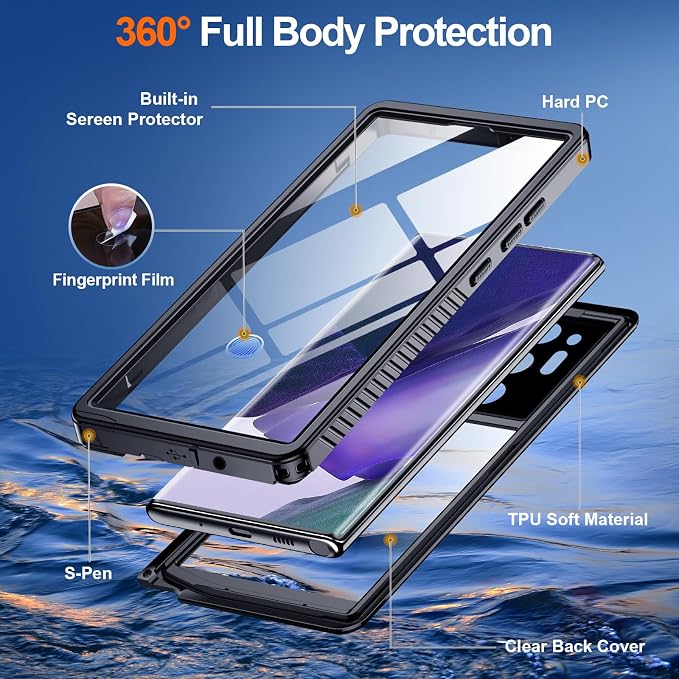 Hualele for Samsung Galaxy Note 20 Ultra 5G Case Waterproof, Built in Lens & Screen Protector Rugged Full Body Heavy Duty Protective Military Grade IP68 Underwater Cover Case for Note 20 Ultra Black