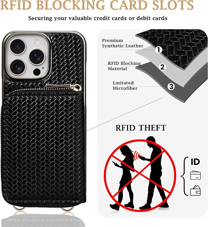Keallce Wallet Case for iPhone 16 Pro Max 6.9", Crossbody Zipper Purse with Wristlet Strap, RFID Blocking Card Holder Kickstand, Woven Leather Case Electroplating Process for Women (Black)