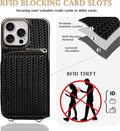 Keallce Wallet Case for iPhone 16 Pro Max 6.9", Crossbody Zipper Purse with Wristlet Strap, RFID Blocking Card Holder Kickstand, Woven Leather Case Electroplating Process for Women (Black)