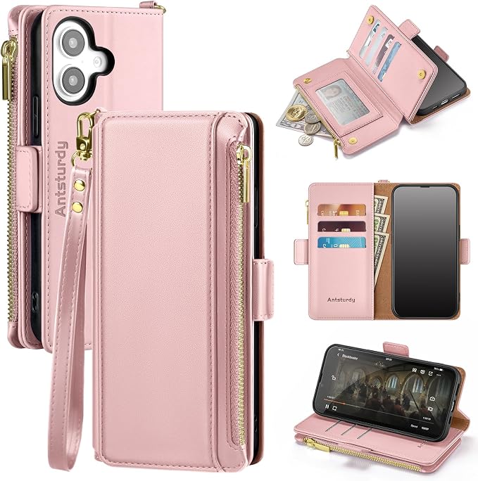 Antsturdy Compatible with iPhone 16 Plus Wallet Case,RFID Blocking PU Leather Phone Case Women Men Kickstand flip Cover Wrist Strap Zipper Credit Card Holder Slots for Apple 16 Plus 6.7",Pink