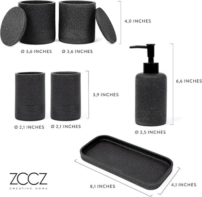 ZCCZ Black Stone Bathroom Accessories Set 6 Pieces - Toothbrush Holder, Lotion Dispenser, Qtip Container, Vanity Tray, Tumbler - Countertop Organizer for Bathrooms - Elegant and Functional Décor Set