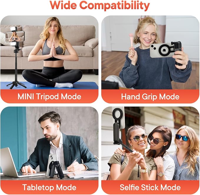 Phone Tripod, 4-in-1 Magnetic Mini Selfie Stick,Pocket Size Selfie Stick with Wireless Detachable Remote Control & 2 Fill Light for Photograph, Vlogging Compatible with iPhone/Android