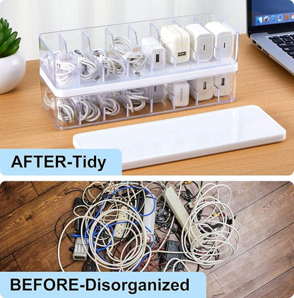 Tatuo 4 Pcs Cord Organizer for Drawer Desktop, Cable Organizer Box with 8 Compartments and Wire Ties, Plastic Charger Storage with Lid, Electronics Case for Home Office Accessories (Small,Clear,White)