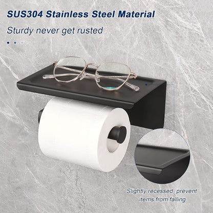 NearMoon Toilet Paper Holder with Shelf, Heavy Duty Bath Toilet Roll Holder with Phone Shelf Tissue Hanger for Bathroom/Kitchen No Drill or Wall Mounted(304 Stainless Steel, Matte Black)