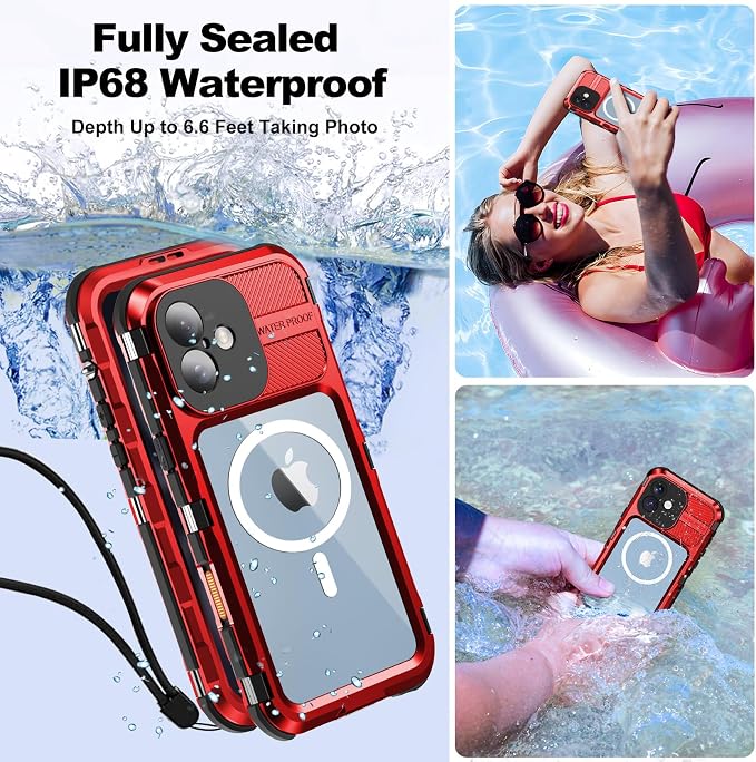 WIFORT for iPhone 16 Plus Waterproof Case - Metal Heavy Duty [Built-in Screen Protector] [14FT Military Shockproof] [Fit for MagSafe], IP68 Full Body Rugged Water Proof Magnetic Cover, 6.7" Red