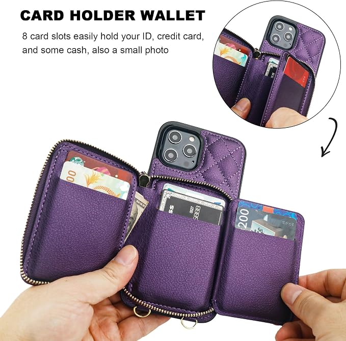 Bocasal Crossbody Wallet Case for iPhone 12 Pro Max, RFID Blocking PU Leather Zipper Handbag Purse Flip Cover, Kickstand Folio Case with Card Slots Holder Wrist Strap Lanyard 5G 6.7 Inch (Dark Purple)