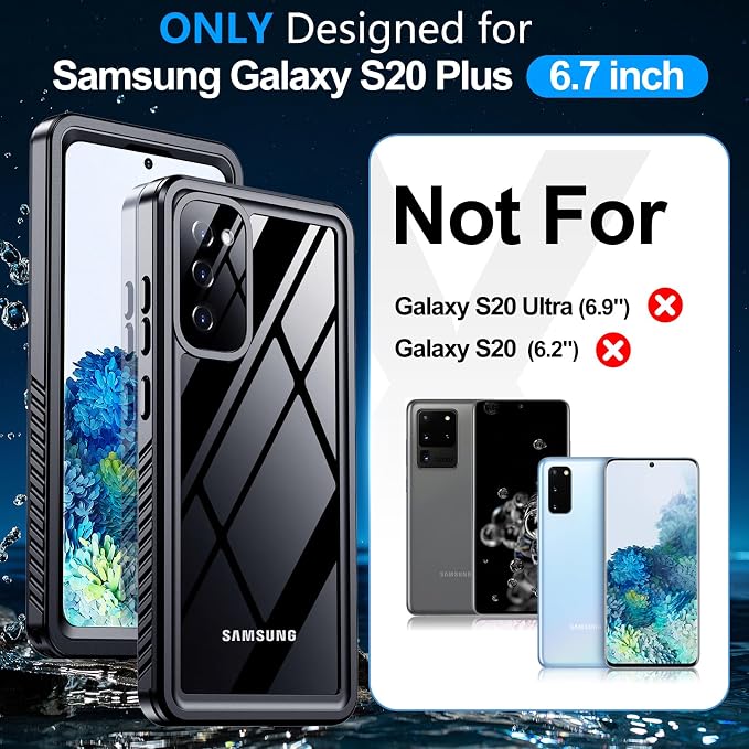 MOZOTER for Samsung Galaxy S20 Plus Case Waterproof,[IPX8 Underwater Case][Full Body Shockproof & Military Dropproof] Clear Sound Quality Built-in Screen Protector for Samsung S20 Plus 6.7 inch-Black