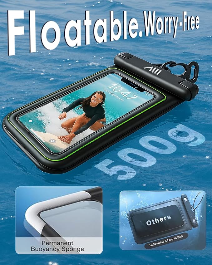 【2025 Upgraded】 2 Pack Black - IP68 Waterproof Phone Pouch Floating Design No Sink Waterproof Phone Case - Beach Pool Travel Essentials - Works w/All Phones - Detachable Lanyard - Black/Hi-Vis Green