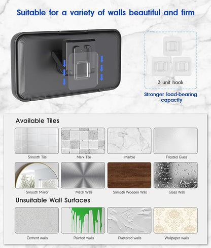 Mistriddle Waterproof Shower Phone Holder with 360° Rotation, Angle Adjustable, Enhanced Sound Quality, Wall Mounted Phone Holder for Bathroom Mirror Bathtub Kitchen, Up to 7 Inch (Black)