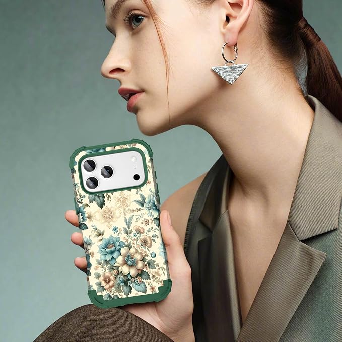 Hocase for iPhone 17 Pro Case 6.3", Heavy Duty Shockproof Protection Soft Silicone Rubber+Hard Plastic Bumpers Hybrid Protective Case for iPhone 17 Pro 2025 - Teal Blue Flowers