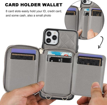 Bocasal Crossbody Wallet Case for iPhone 11 Pro Max, RFID Blocking PU Leather Zipper Handbag Purse Flip Cover, Kickstand Folio Case with Card Slots Holder Wrist Strap Lanyard 6.5 Inch (Grey)