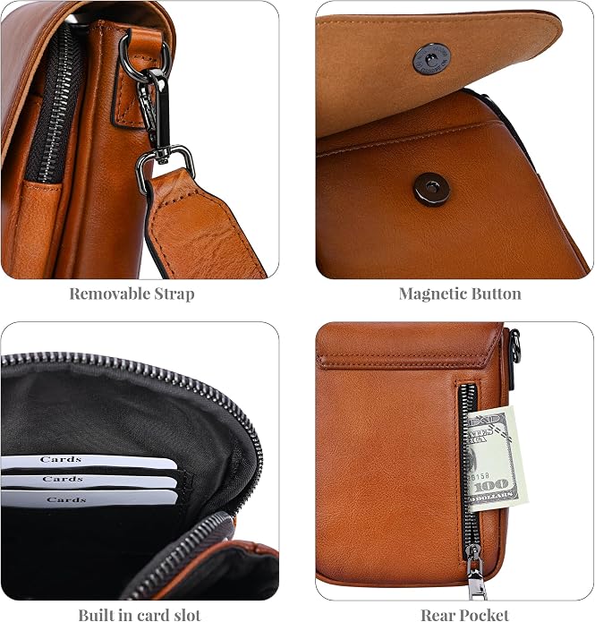 HESHE Leather Small Crossbody Bags for Women RFID Blocking Cell Phone Purse Anti-Theft Travel Bag with wide Straps