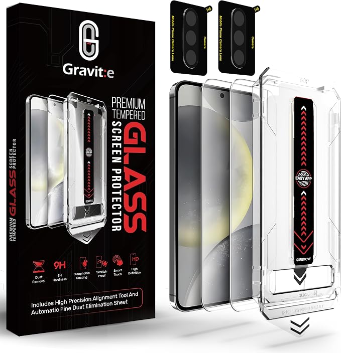Gravit:e Screen Protector for Samsung, 9H Tempered Glass, Smart Installation Tool, Automatic Fine Dust Removal and Camera Protector 2 Pack (Samsung S24)