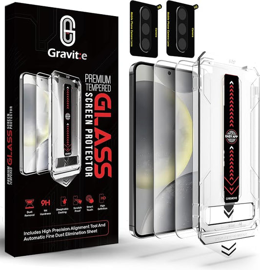 Gravit:e Screen Protector for Samsung, 9H Tempered Glass, Smart Installation Tool, Automatic Fine Dust Removal and Camera Protector 2 Pack (Samsung S24)