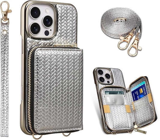 Keallce Wallet Case for iPhone 16 Pro Max 6.9", Crossbody Zipper Purse with Wristlet Strap, RFID Blocking Card Holder Kickstand, Woven Leather Case Electroplating Process for Women (Sliver)