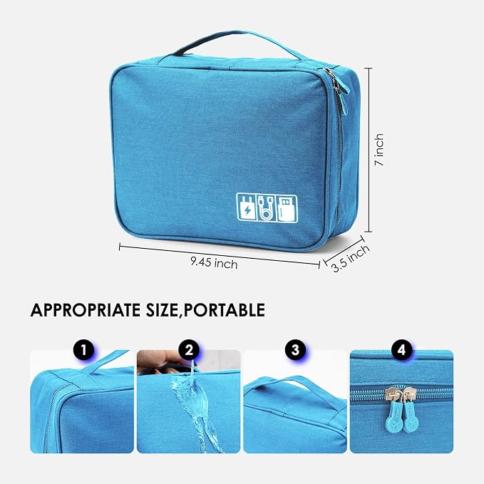 Travel Organizer Bag Waterproof Electronic Accessories Cosmetic Storage Pouch Portable Carry Case for Cable Charger Earphone Makeup Travel Business Trip Office (Light blue)