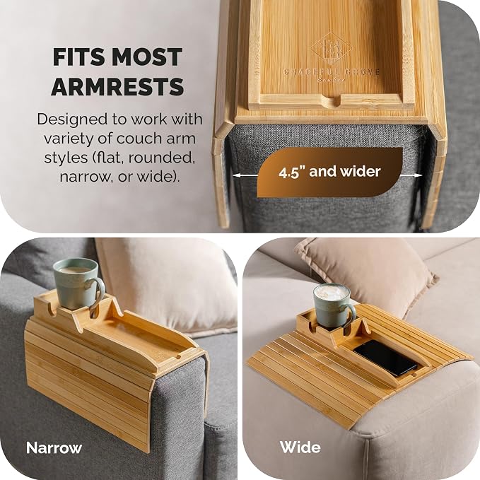 Bamboo Sofa Arm Tray Table with Cup Holder & 2 Cork Coasters, Phone Slot & Charging Cable Holder, Foldable Couch Arm Tray with Non Slip Base, Couch Cup Holder for Drinks, Remote, Snacks