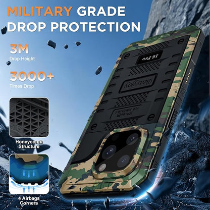 Beasyjoy for iPhone 16 Pro Case Waterproof, Metal Heavy Duty Full Body Protective Case with Built-in Screen Protector, Military Grade Shockproof Dustproof Defender Cover for iPhone 16 Pro 6.3", Camo