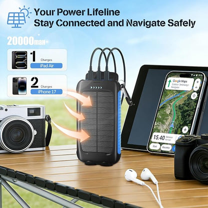 Solar Power Bank 20000mAh, Blue Portable Charger with USB-C&USB-A Outputs, Emergency Backup Battery Pack, LED Flashlight, for iPhone Samsung Android – Solar for Emergency Only, Perfect for Camping