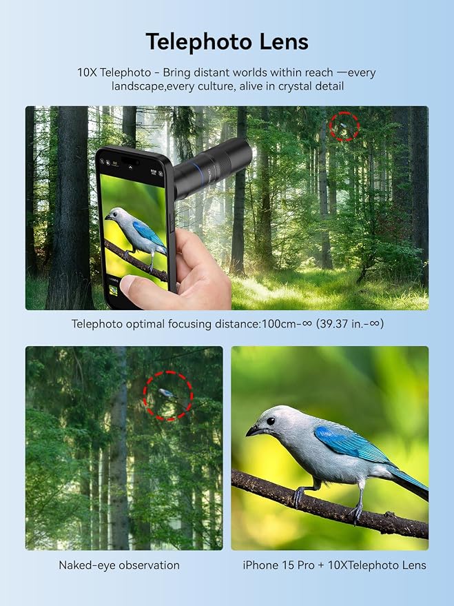 MIAO LAB HD 10X Telephoto Lens & 200mm Macro Lens, 2-in-1 Aluminum Phone Camera Lens Kit with 17mm Lens Thread Interface Mobile Phone case. Phone Lens Attachment Fit for iPhone 15 Pro