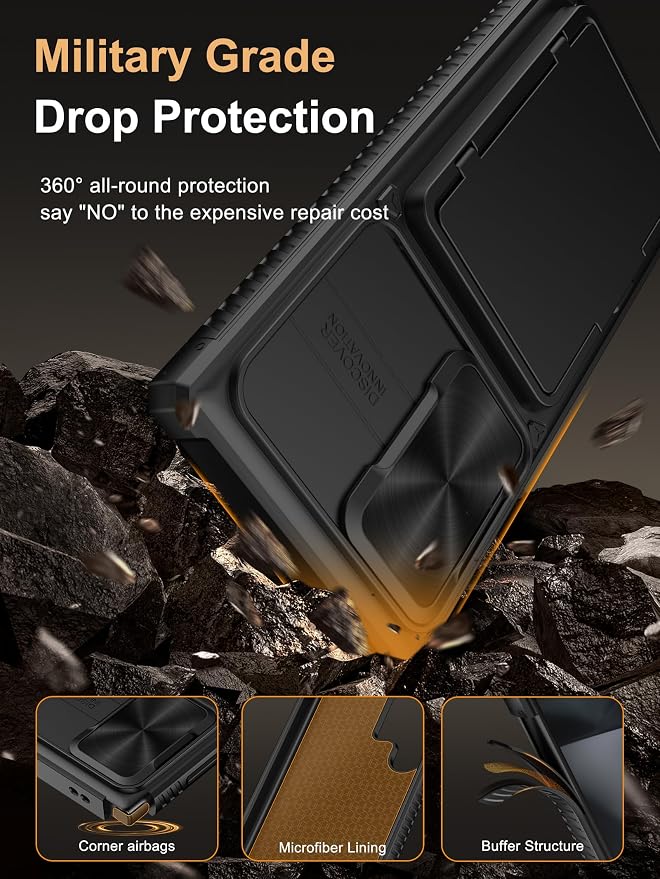 Vihibii for Samsung Galaxy S23 Ultra Case with Crossbody Lanyard Strap, Build-in Card Holder (4 Cards) & Sliding Camera Cover & Kickstand, Shockproof Rugged Hard Back & TPU Edge Wallet Case, Black