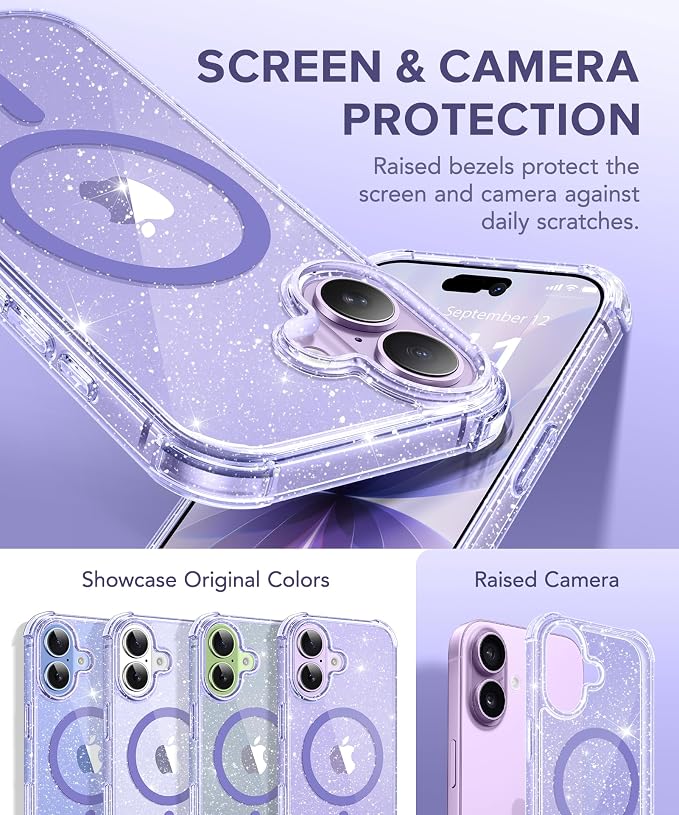 BERFY for iPhone 17 Case for Women, Clear Glitter Shockproof Protective Case, Anti-Yellowing, with Screen Protector & Camera Lens Protector 6.3", Magnetic Sparkle Purple
