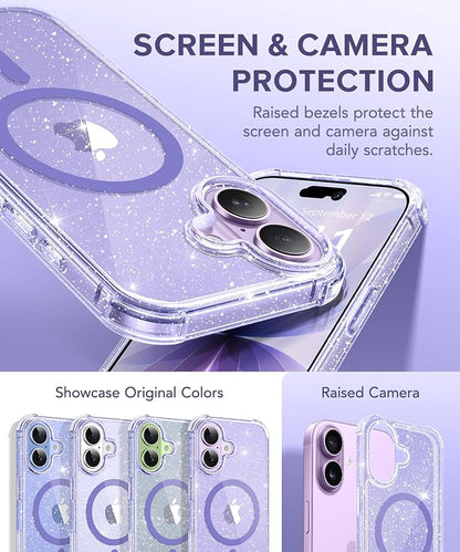 BERFY for iPhone 17 Case for Women, Clear Glitter Shockproof Protective Case, Anti-Yellowing, with Screen Protector & Camera Lens Protector 6.3", Magnetic Sparkle Purple