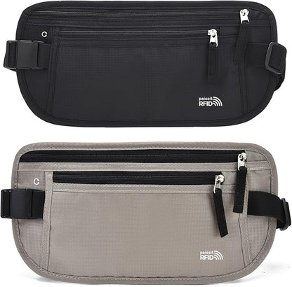 Unisex Money Belt For Men and Women, Slim Passport Holder RFID Blocking Travel Essentials Pouch with Adjustable Strap Small Waist Pouch for Workout Running Travelling Hiking, Black & Light Grey
