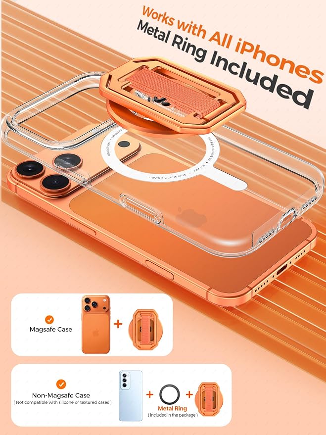 All-Aluminum Magnetic Phone Grip & Stand for Desk, Bed & On-the-Go – Compatible with MagSafe – Secure One-Hand Hold, Comfortable Scrolling, Hands-Free Video Calls, Sunset Orange